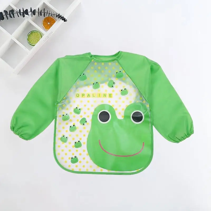 Colorful Cartoon Waterproof Baby Bibs with Long Sleeves and Pocket for Self-Feeding Infants (0-3 Years)