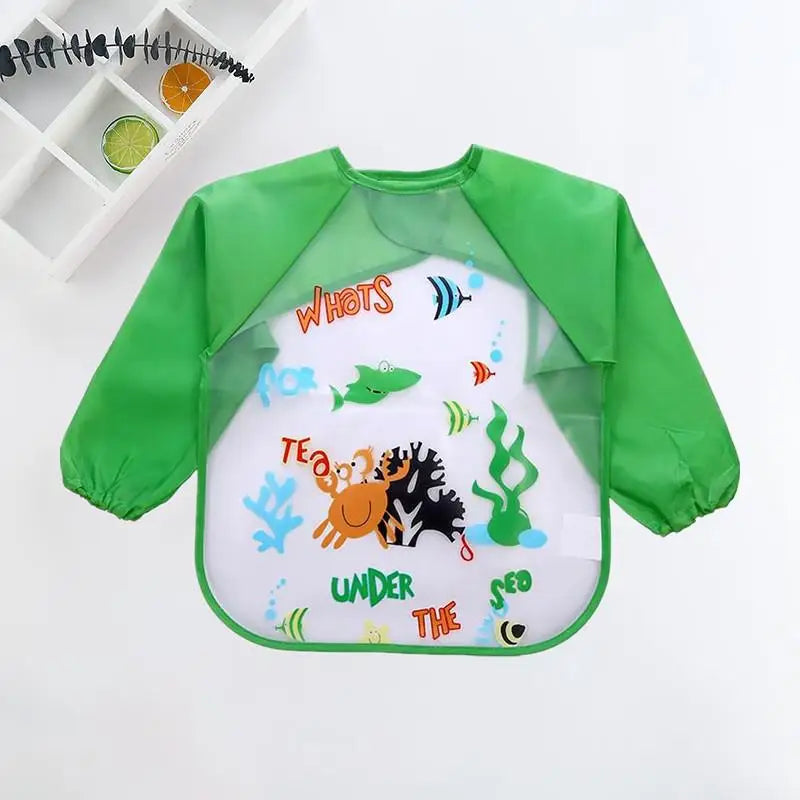 Colorful Cartoon Waterproof Baby Bibs with Long Sleeves and Pocket for Self-Feeding Infants (0-3 Years)