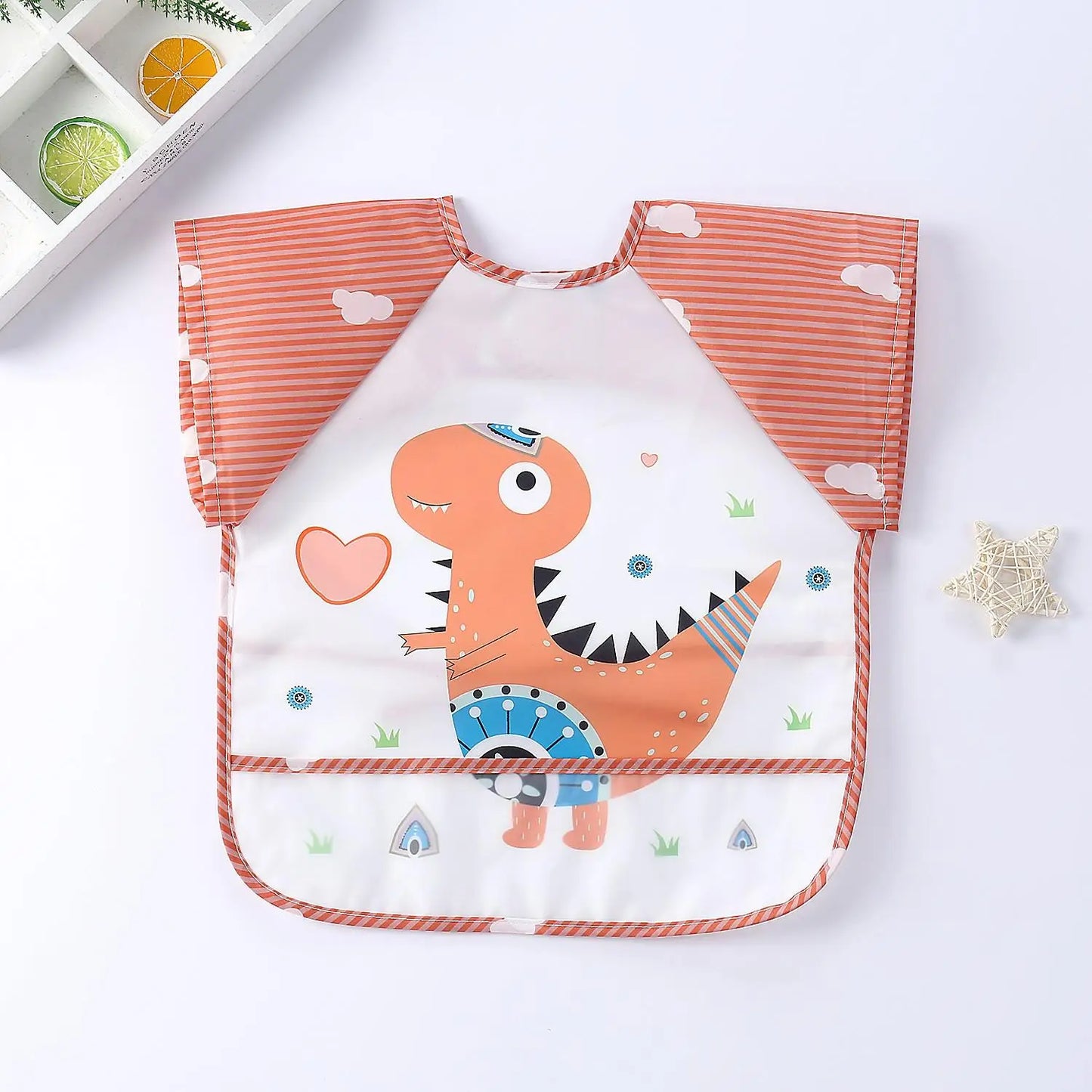 Colorful Cartoon Waterproof Baby Bibs with Long Sleeves and Pocket for Self-Feeding Infants (0-3 Years)