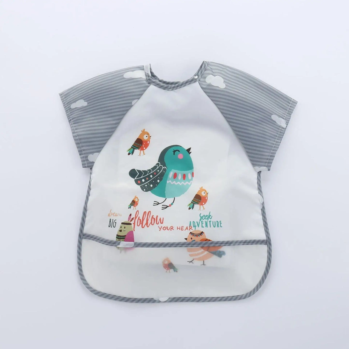 Colorful Cartoon Waterproof Baby Bibs with Long Sleeves and Pocket for Self-Feeding Infants (0-3 Years)