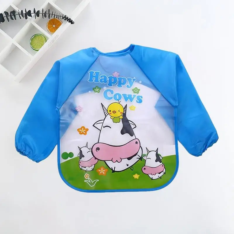 Colorful Cartoon Waterproof Baby Bibs with Long Sleeves and Pocket for Self-Feeding Infants (0-3 Years)