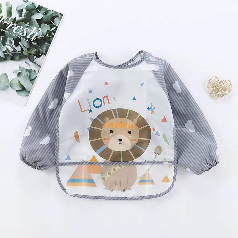 Colorful Cartoon Waterproof Baby Bibs with Long Sleeves and Pocket for Self-Feeding Infants (0-3 Years)