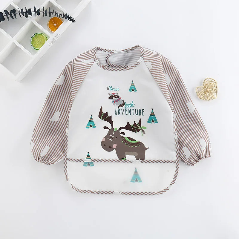 Colorful Cartoon Waterproof Baby Bibs with Long Sleeves and Pocket for Self-Feeding Infants (0-3 Years)