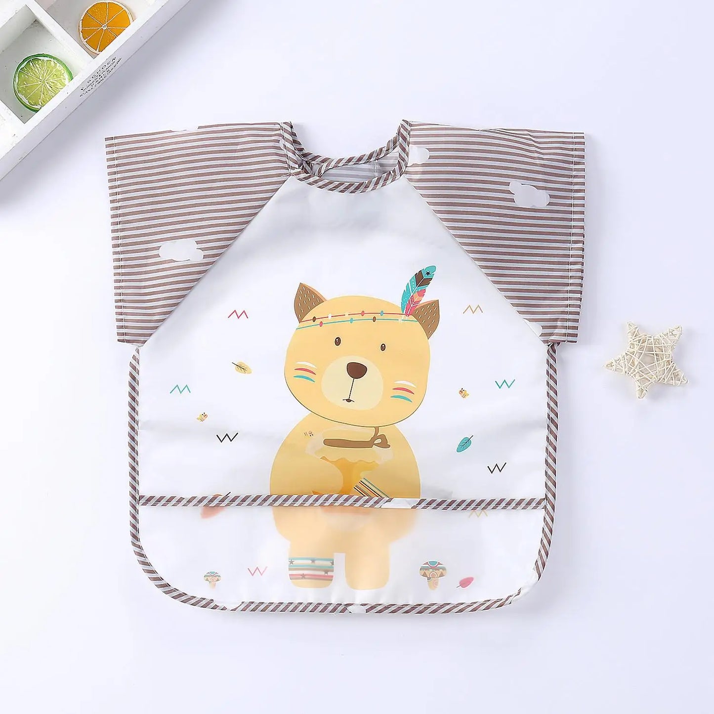 Colorful Cartoon Waterproof Baby Bibs with Long Sleeves and Pocket for Self-Feeding Infants (0-3 Years)
