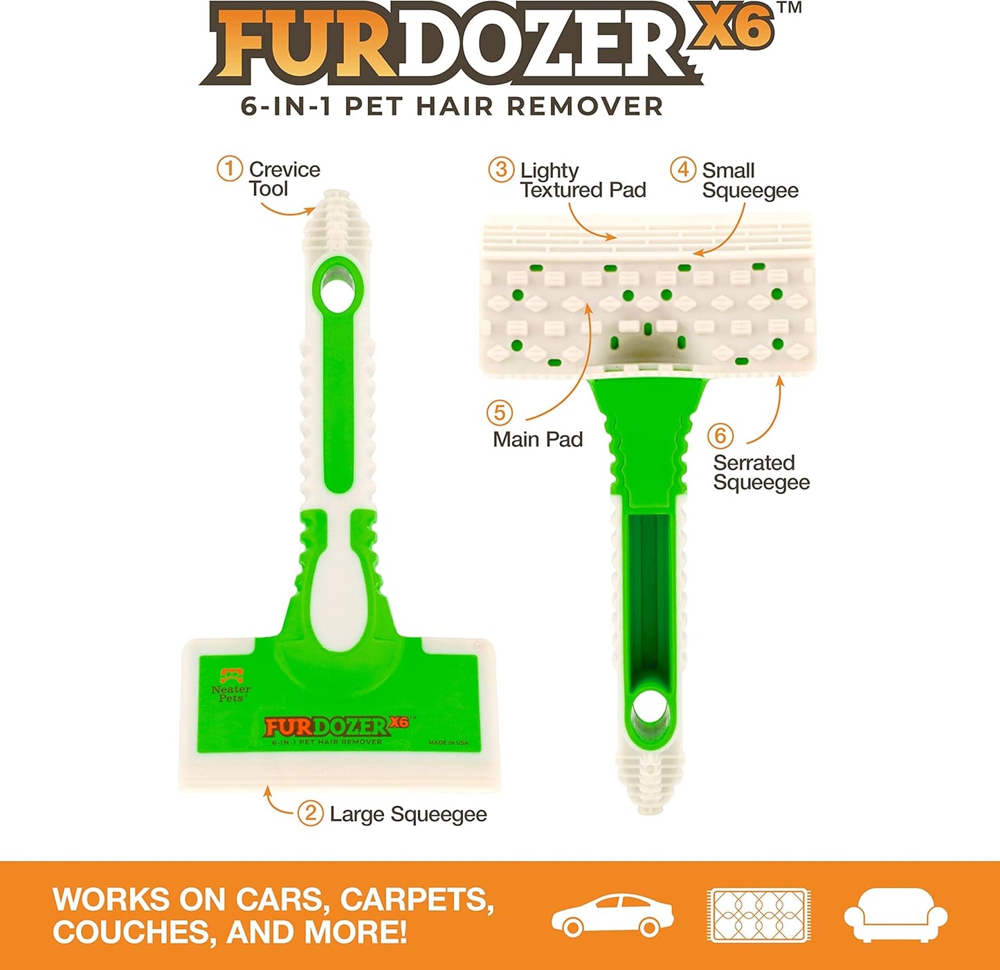 Furdozer X6 Pet Hair Remover & Auto Detailing Tool - Cat & Dog Hair Remover for Carpets, Car Interiors, Couches, Bedding, & Pet Furniture - Reusable Pet Hair Removal Tool for Cat and Dog Fur & Lint