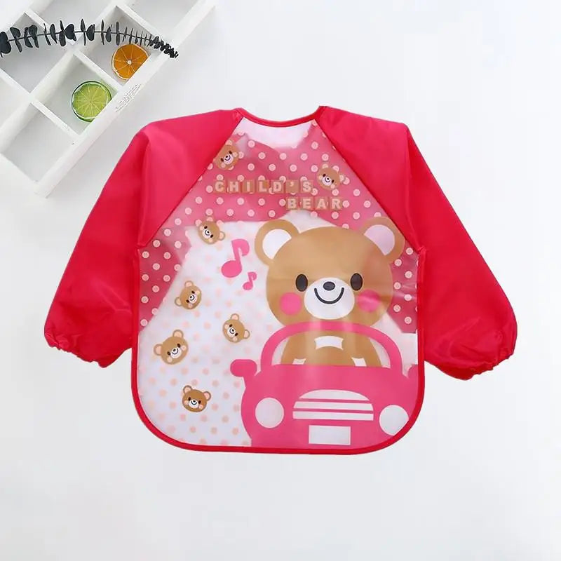 Colorful Cartoon Waterproof Baby Bibs with Long Sleeves and Pocket for Self-Feeding Infants (0-3 Years)