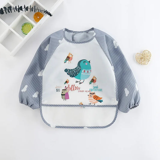Colorful Cartoon Waterproof Baby Bibs with Long Sleeves and Pocket for Self-Feeding Infants (0-3 Years)