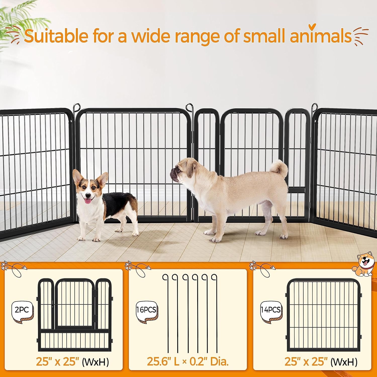 Dog Playpen Outdoor 24 Inch 16 Panels Indoor Dog Fence Metal Dog Pen Heavy Duty Pet Puppy Exercise Pen for RV Camping Garden Yard