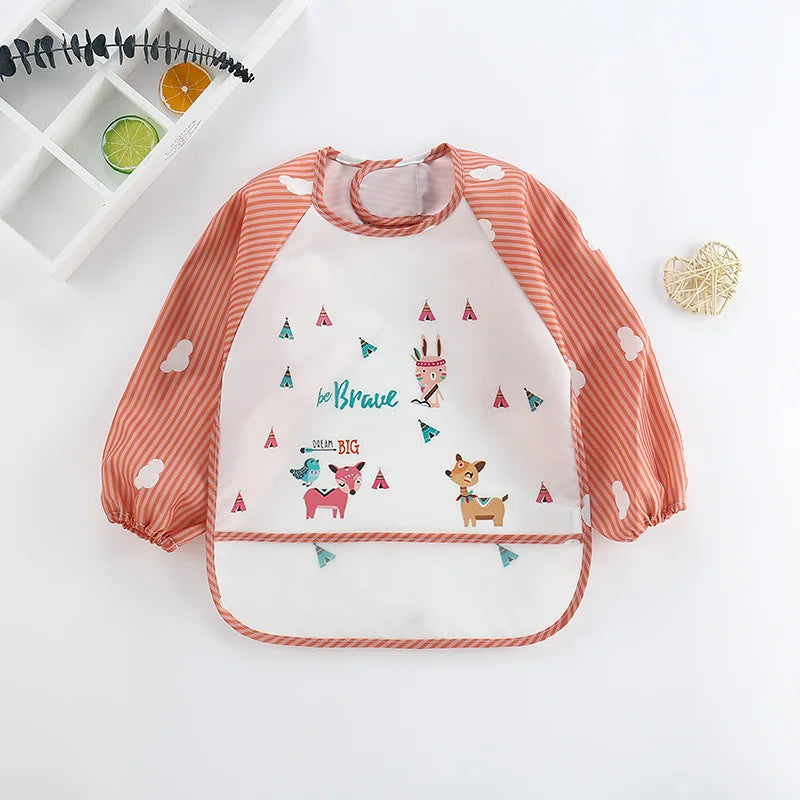 Colorful Cartoon Waterproof Baby Bibs with Long Sleeves and Pocket for Self-Feeding Infants (0-3 Years)