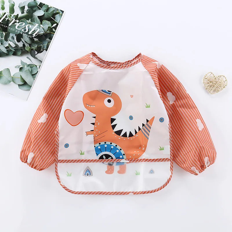 Colorful Cartoon Waterproof Baby Bibs with Long Sleeves and Pocket for Self-Feeding Infants (0-3 Years)