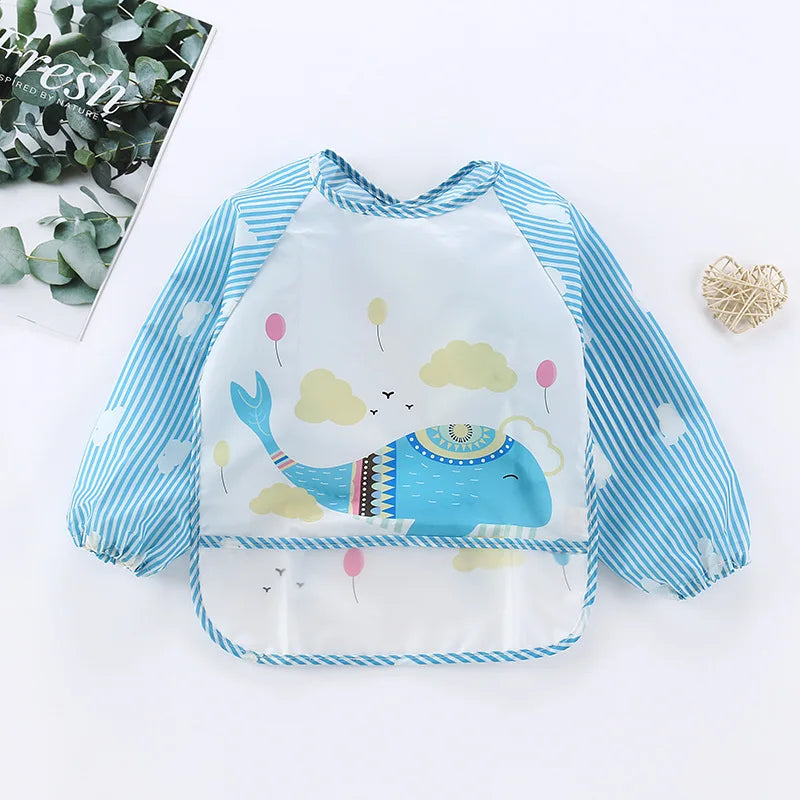 Colorful Cartoon Waterproof Baby Bibs with Long Sleeves and Pocket for Self-Feeding Infants (0-3 Years)