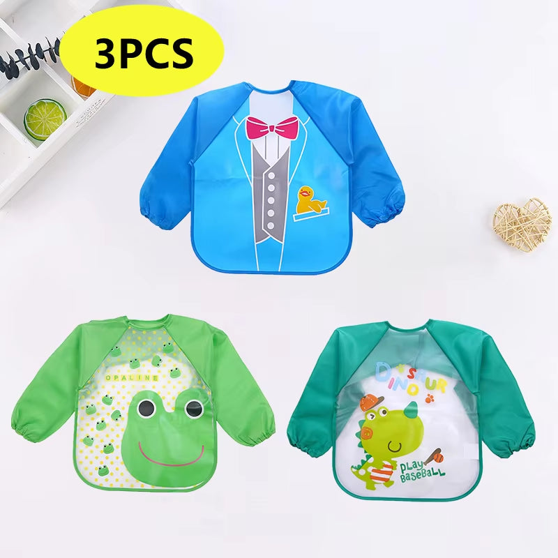 Colorful Cartoon Waterproof Baby Bibs with Long Sleeves and Pocket for Self-Feeding Infants (0-3 Years)
