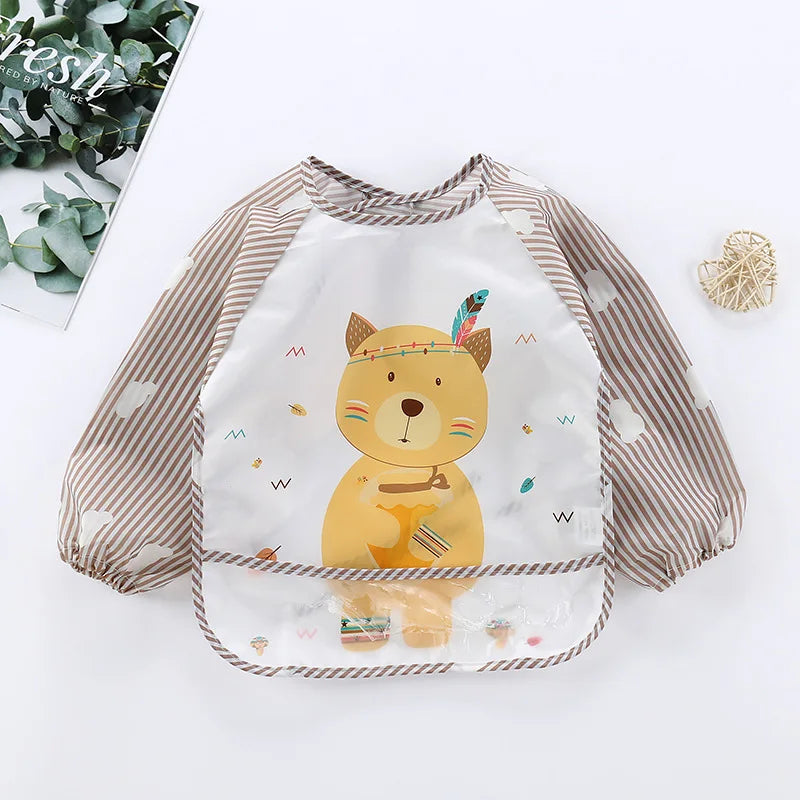 Colorful Cartoon Waterproof Baby Bibs with Long Sleeves and Pocket for Self-Feeding Infants (0-3 Years)