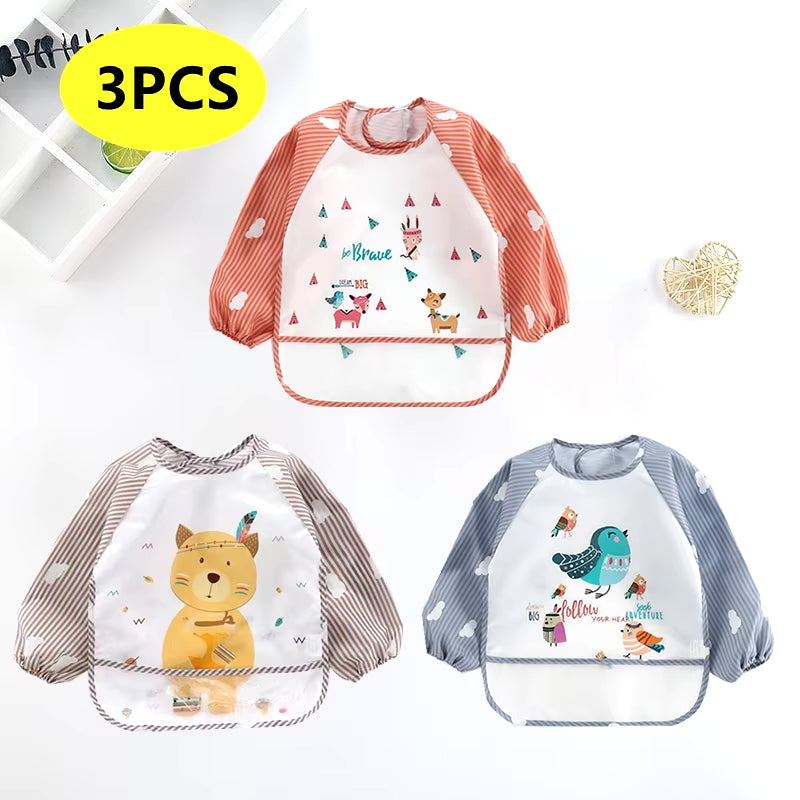 Colorful Cartoon Waterproof Baby Bibs with Long Sleeves and Pocket for Self-Feeding Infants (0-3 Years)