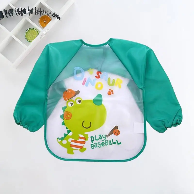 Colorful Cartoon Waterproof Baby Bibs with Long Sleeves and Pocket for Self-Feeding Infants (0-3 Years)