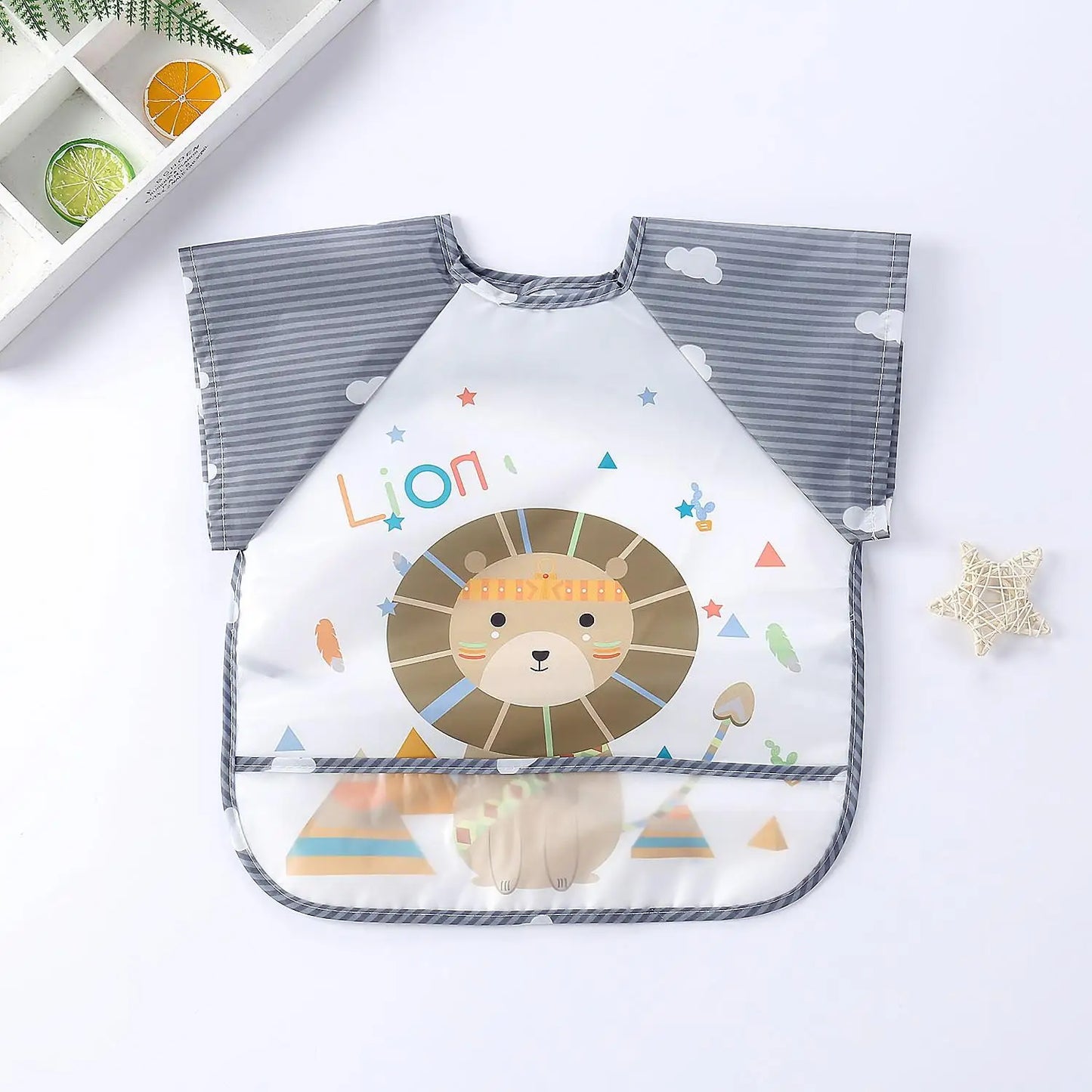 Colorful Cartoon Waterproof Baby Bibs with Long Sleeves and Pocket for Self-Feeding Infants (0-3 Years)