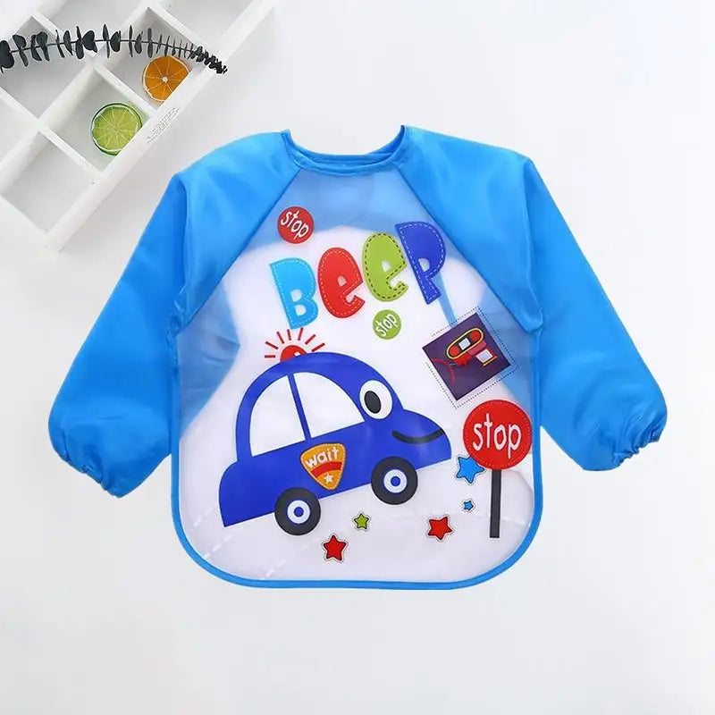 Colorful Cartoon Waterproof Baby Bibs with Long Sleeves and Pocket for Self-Feeding Infants (0-3 Years)
