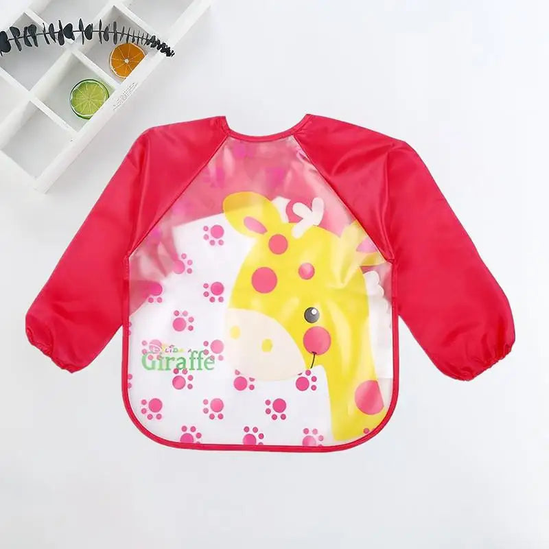 Colorful Cartoon Waterproof Baby Bibs with Long Sleeves and Pocket for Self-Feeding Infants (0-3 Years)