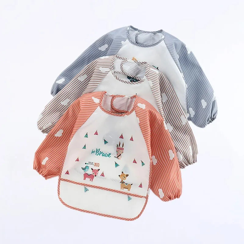 Colorful Cartoon Waterproof Baby Bibs with Long Sleeves and Pocket for Self-Feeding Infants (0-3 Years)